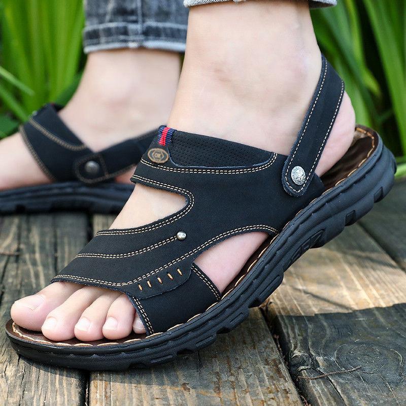 Fashion Men's Summer New Sandals and Slippers Men's Leather Sandals Adult Thick-soled Beach Shoes Non-slip Open-toe Leather Sandals