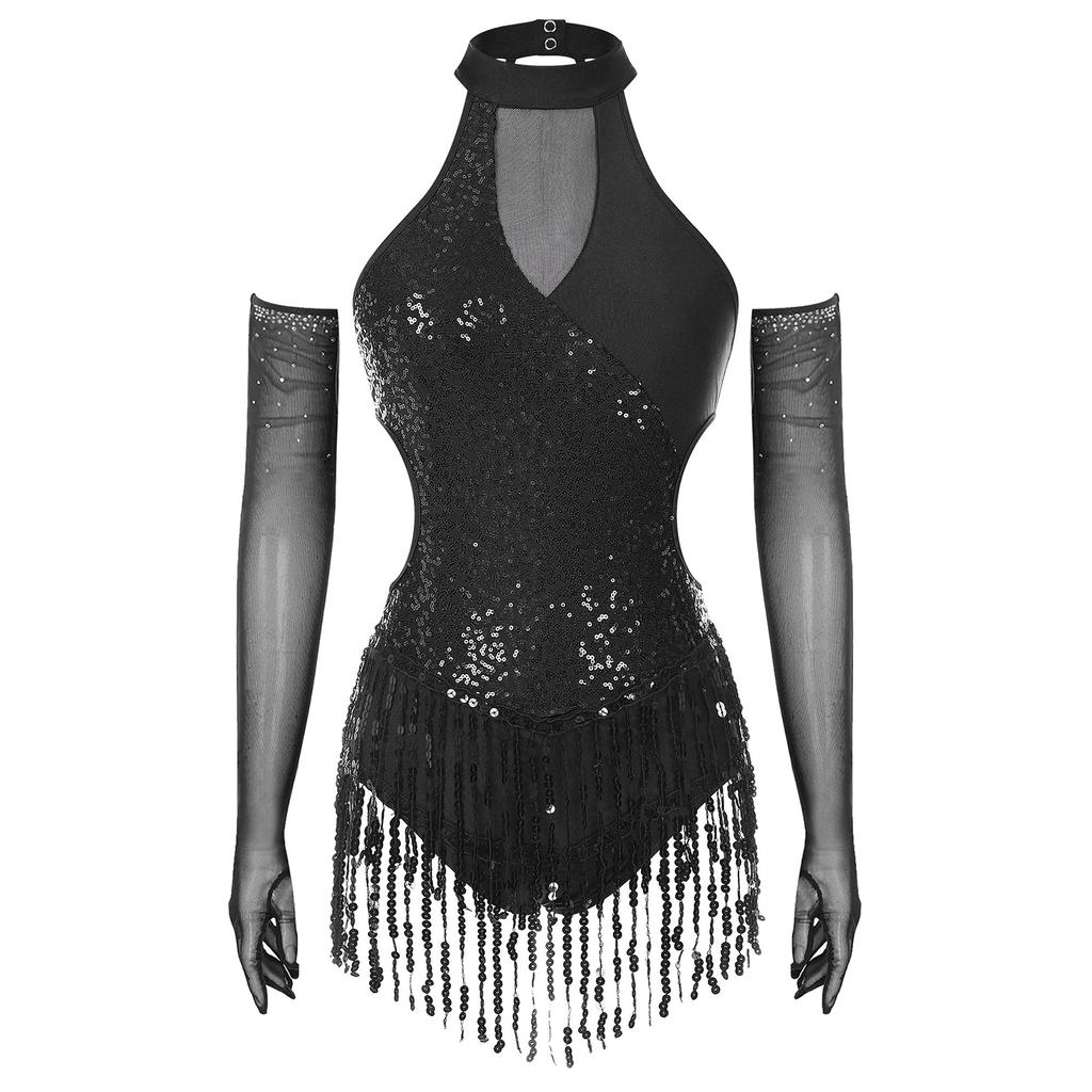 Womens Latin Figure Skating Jumpsuit Sleeveless Sequined Tassel Leotard Bodysuit Matching Mesh Gloves