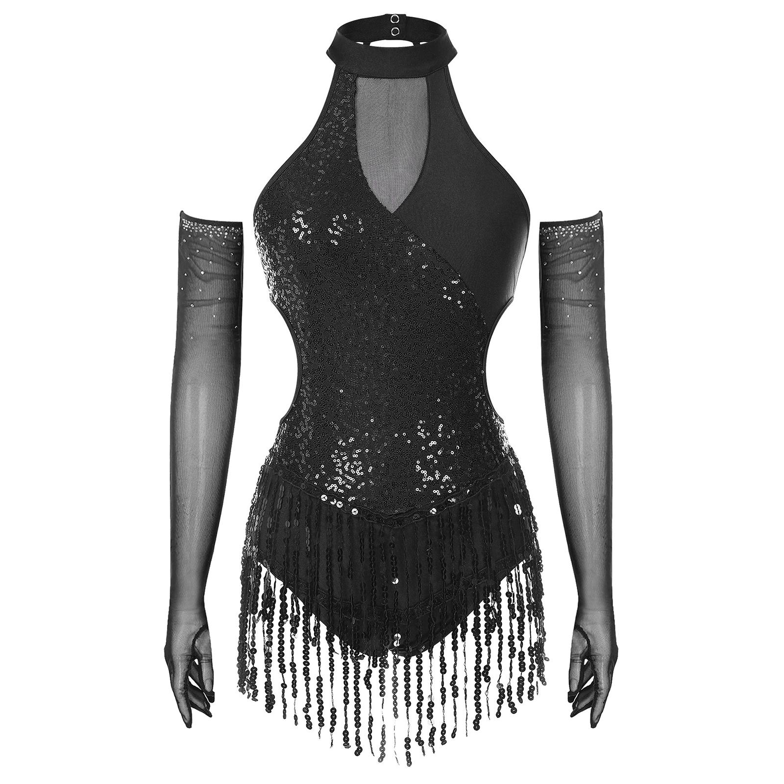 

Womens Latin Figure Skating Jumpsuit Sleeveless Sequined Tassel Leotard Bodysuit Matching Mesh Gloves чорний