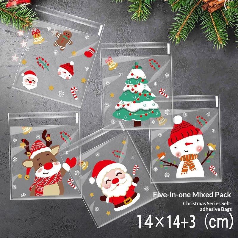 100Pcs Christmas Self Adhesive Treat Bags With Cute Cartoon Prints For Packing Cookies Candies Snacks Christmas Gifts