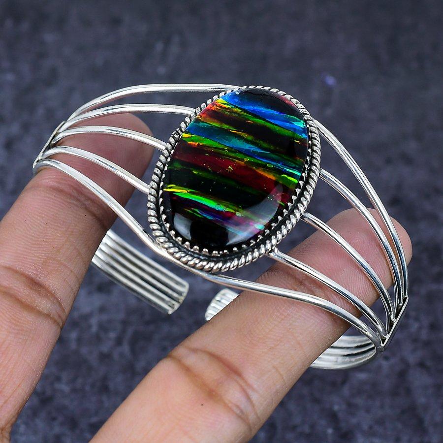 Natural Ammolite Gemstone 925 Sterling Silver Cuff Bangle Adjustable ETC-13920