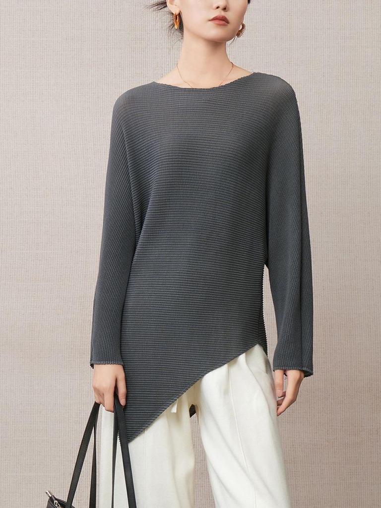 Women's Irregular Long-Sleeve T-Shirt - 2025 Autumn Style, Loose Fit, Slimming, Split & Pleated Base Layer.