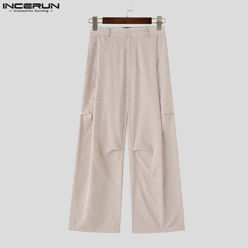 INCERUN Men Casual Zipper Waist Striped Long Ruffled Wide Legs Pants Trousers