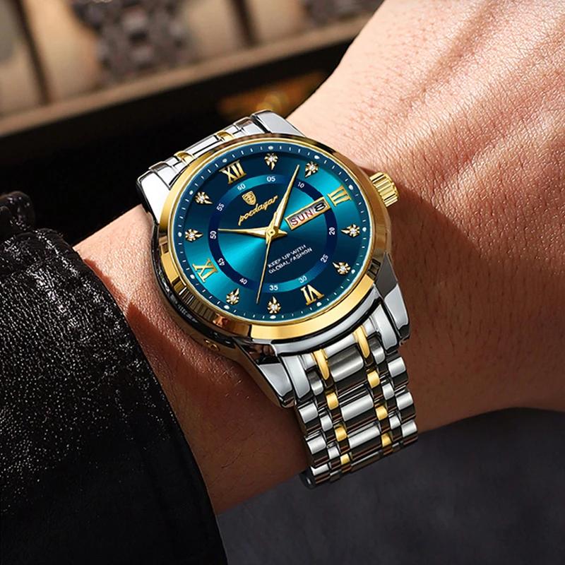 POEDAGAR Men's Watches Classic Fashion Original Quartz Watch for Man Roman Diamond Dial Waterproof Luminous Date Week New Reloj