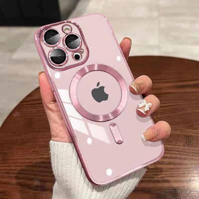 New Plating Soft TPU Lens Film Protect Transparent Case For iPhone 15 14 13 12 11 Pro Max Plus Magsafe Magnetic Charging Cover