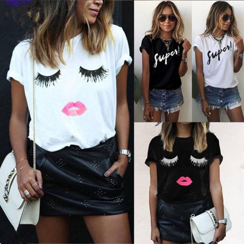 Trendy Women's Short Sleeve Graphic T-shirt With Black And White Print For Stylish Streetwear