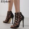 Eilyken New Narrow Band Peep Toe Women Sandals 2025 Summer Hollow Catwalk Stripper Dress High Heels Female Shoes
