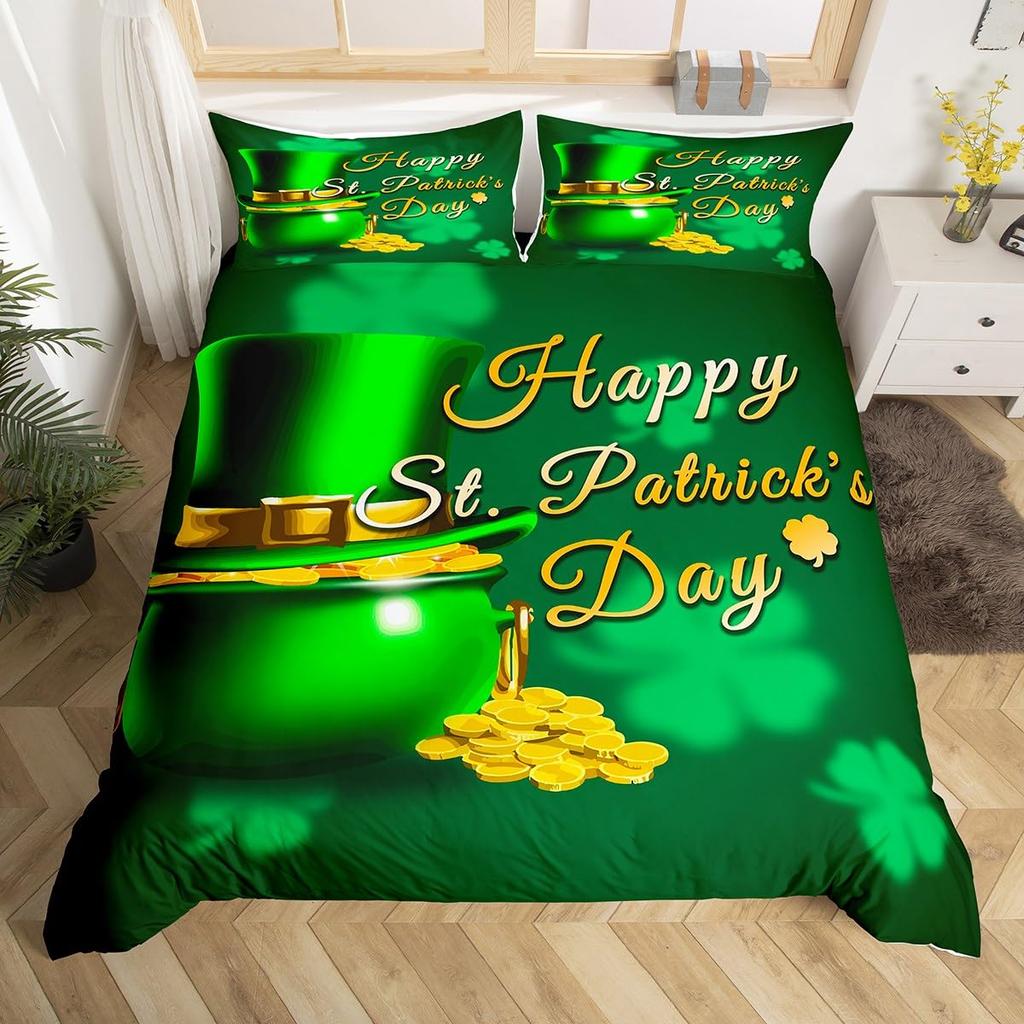 St. Patrick's Day Duvet Cover Queen Cartoon Green Clover Leaves Quilt Cover Holiday Spring Lucky Theme Bedding Set for Dorm Room