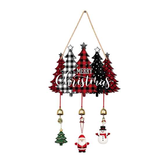 Santa Claus Wall Ornament Merry Christmas Wooden Door Hanging Sign with Bells, Rustic Snowman Black Cat Xmas Window Hanger Tree Reindeer Decorative