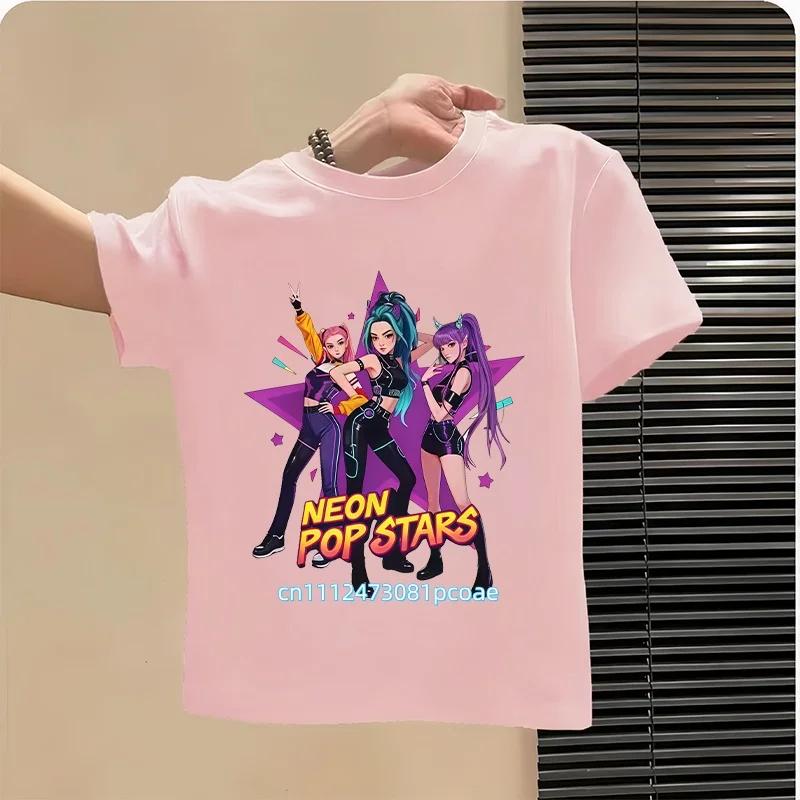 Summer Kpop Popular Cartoon Print Childrens Design Casual Harajuku Style Round Neck Short Sleeved Top Fans Gifts Kids Clothes