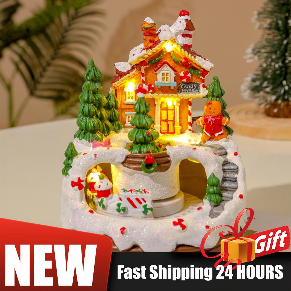 6.3inch Christmas Music Box Illuminated Music Resin House Ornament Christmas Figurines Rotating Winter Scene Home Tabletop Decor