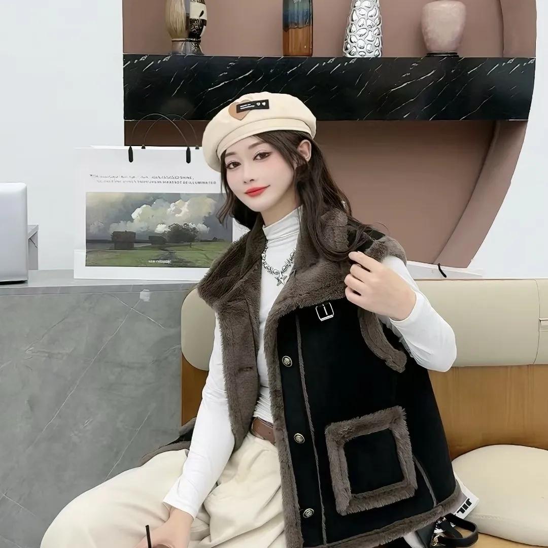 

Искусственная овечья шерсть Жилет Женский Осенне-зимняя мода Теплый жилет Жилет Жилет Куртка S чёрный