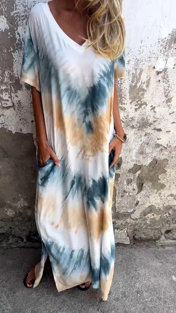 Summer New European And American Style Women'S Clothing Casual Loose Short-Sleeved V-Neck Split Fork Gradual Change Tie-Dye Long Dress