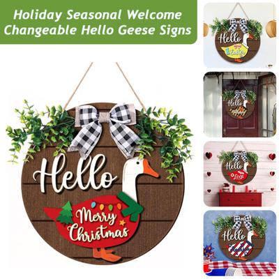 13 Pcs/Set Interchangeable Wooden Goose Welcome Sign Seasonal Farmhouse Front Door Decor Rustic Hello Geese Round Wreath for Indoor Outdoor Porch