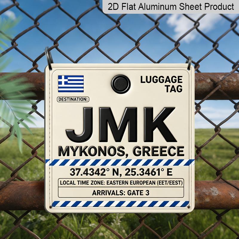 

2D Flat 1pc, Vintage Metal Aluminum Decorative Sign, JMK Mykonos Greece Retro Luggage Tag Wall Art for Cafe, Bar, Kitchen, Living Room, Lounge 20*20cm