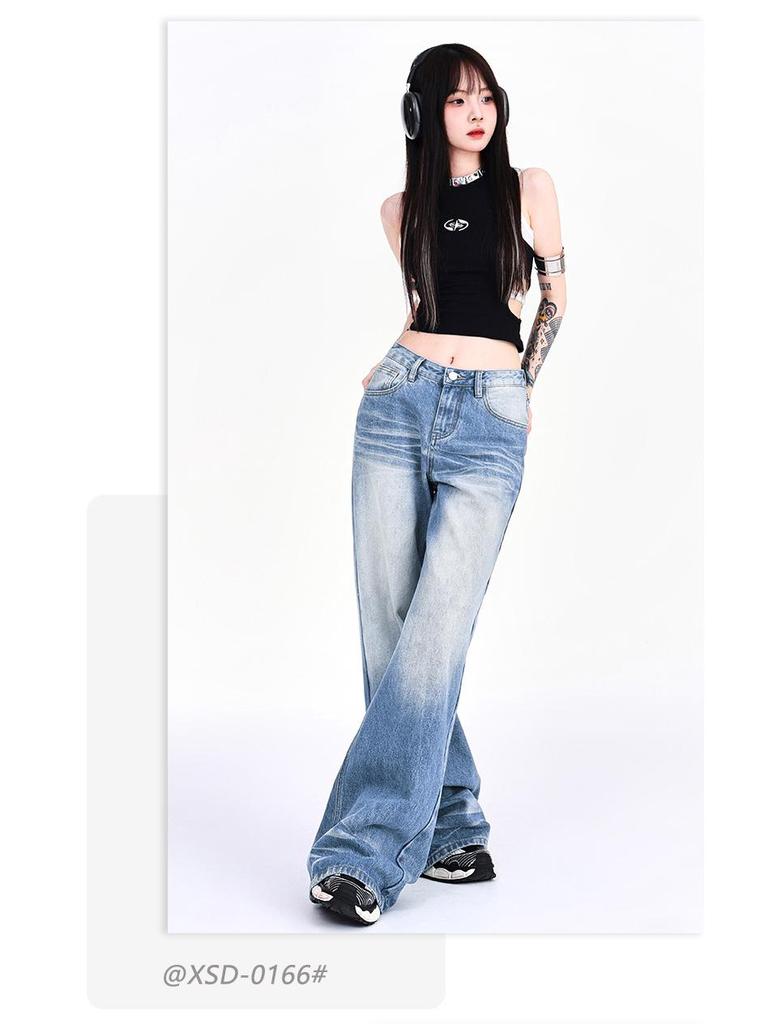 Women's 2024 Retro Low-Rise Wide-Leg Creased Distressed Jeans