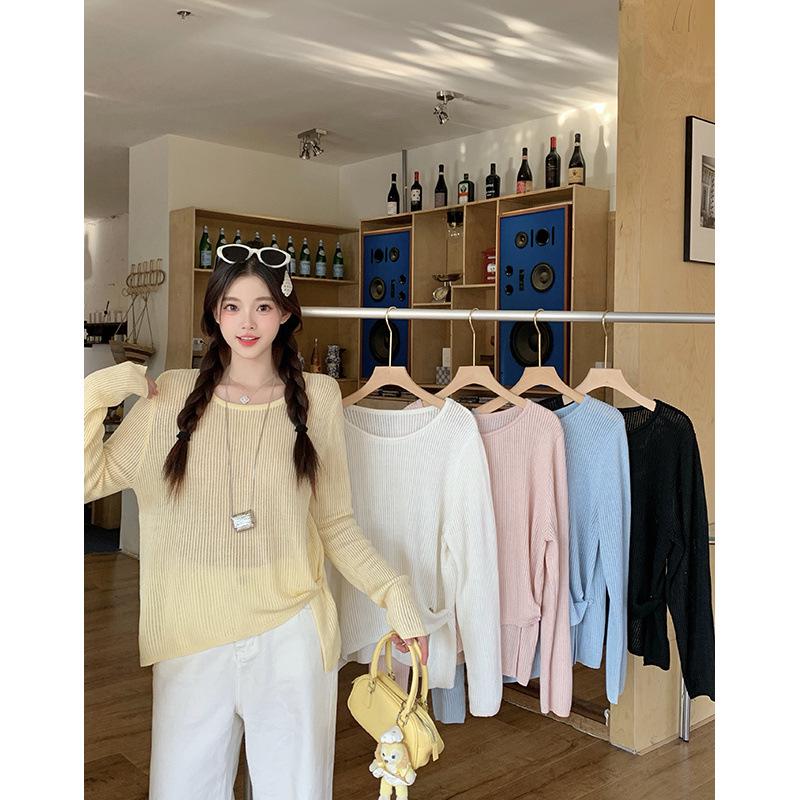 2026 Plus Size Women s Spring Round Neck Ribbed Sheer Long Sleeve Twisted Top 4XL жёлтый