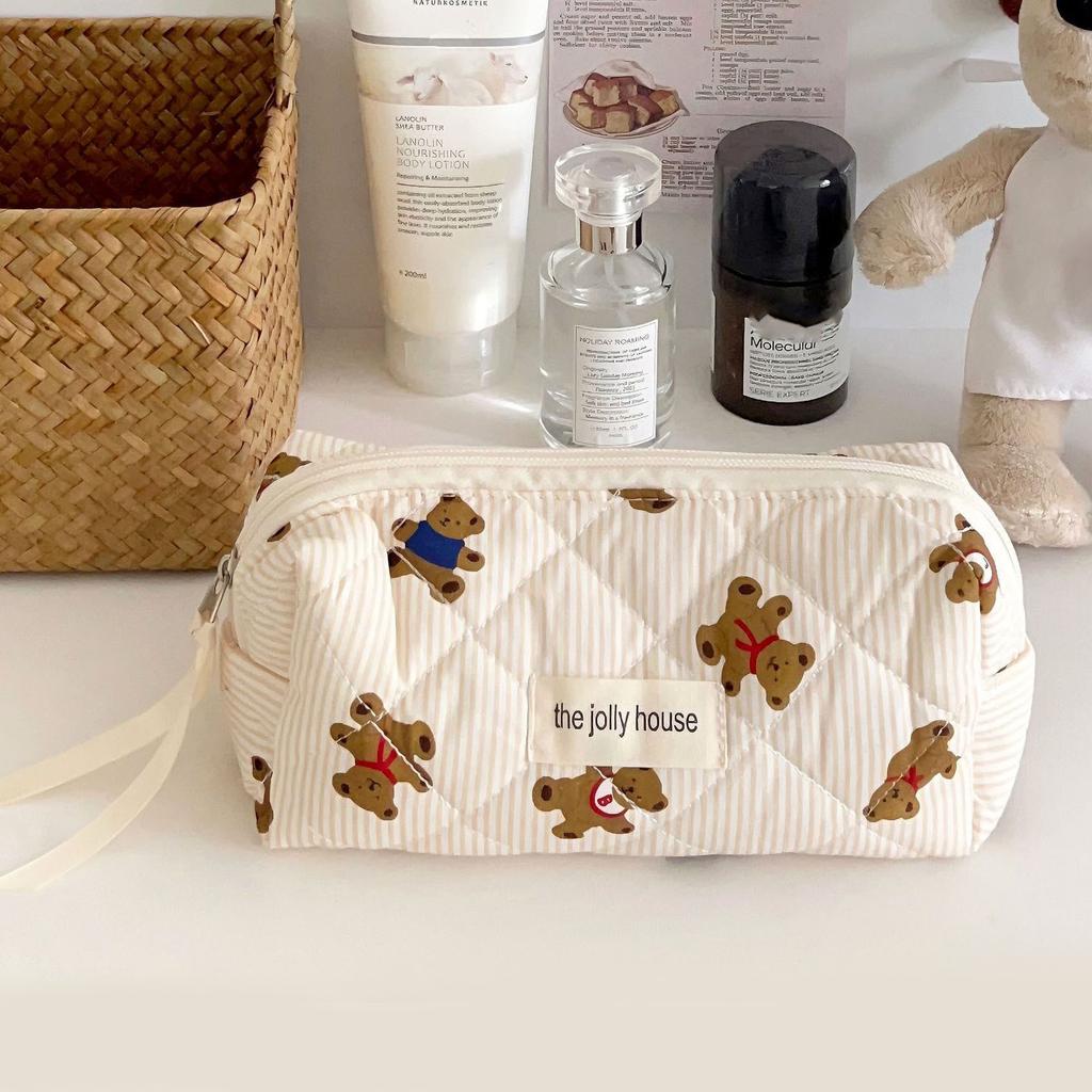 Quilted Bear Bow Makeup Bag Floral Cosmetic Bag 2025 Cute Travel Toiletry Bag Organizer Cotton Makeup Brushes Storage Case