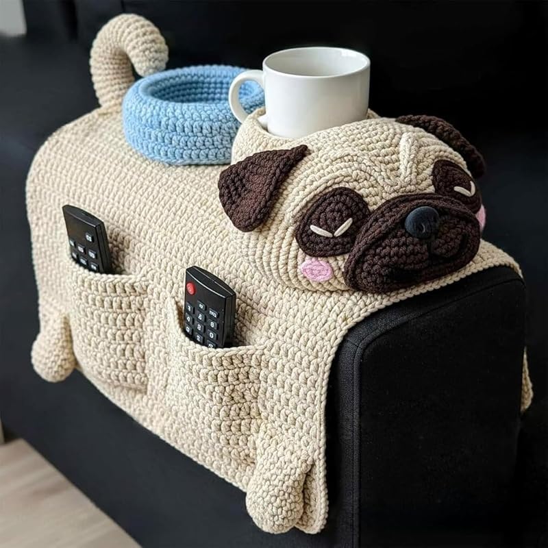 Crochet Cat Sofa Arm Organizer, Crochet Dog Sofa Organizer 2 Pockets and 1 Mug Holder, Remote Control Holder Couch, for Remote, Drink, Snacks, Phone