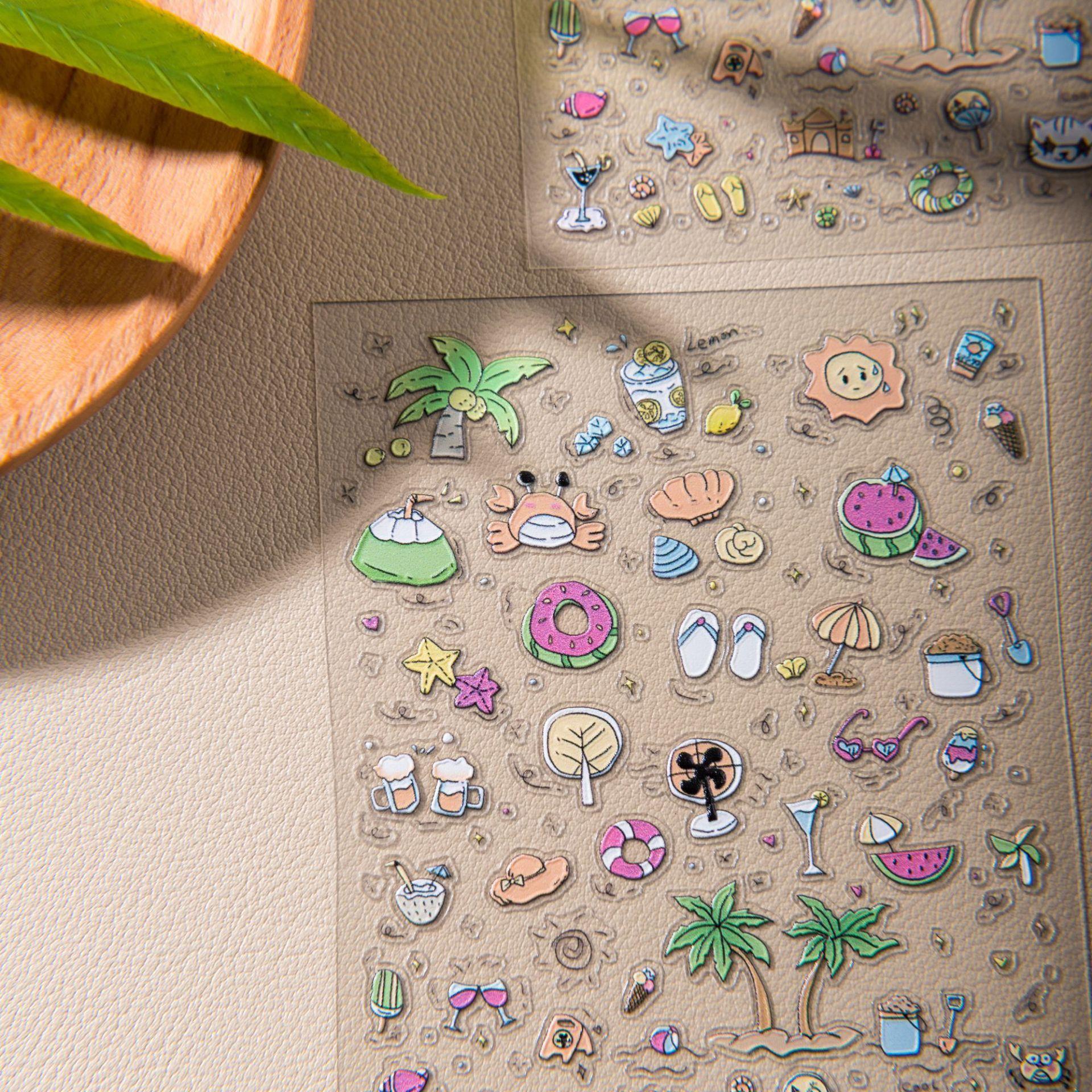 

Summer Beach Watermelon Coconut Tree Jelly Stickers Cute Cartoon Sketch DIY Journal Phone Decor Stickers