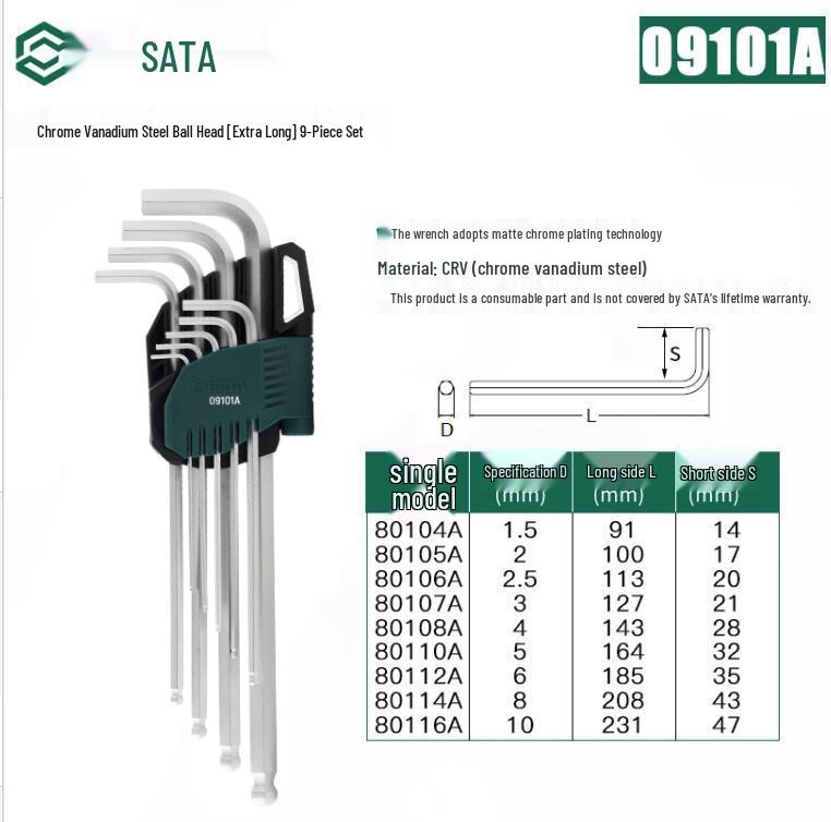 SATA Tools 9-Piece Extended Extra-Long Hex Key Wrench Set
