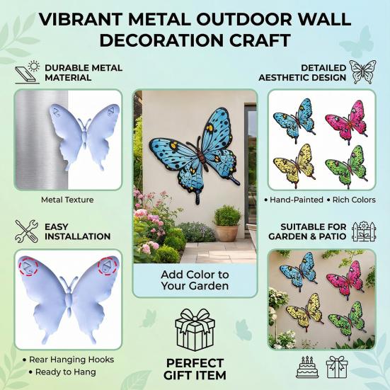 Metal Butterfly Wall Decor Colorful Butterflies Wall Art Sculpture 3D Iron Butterfly Hanging Decoration for Outdoor Indoor Fence Patio Yard Tree