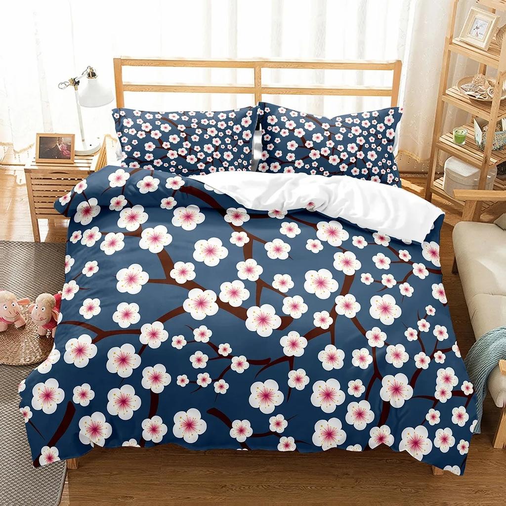 Plum Flower Duvet Cover Set Red Flower Pattern Bedding Set for Girls Women Polyester Comforter Cover Quilt Cover King Full Size