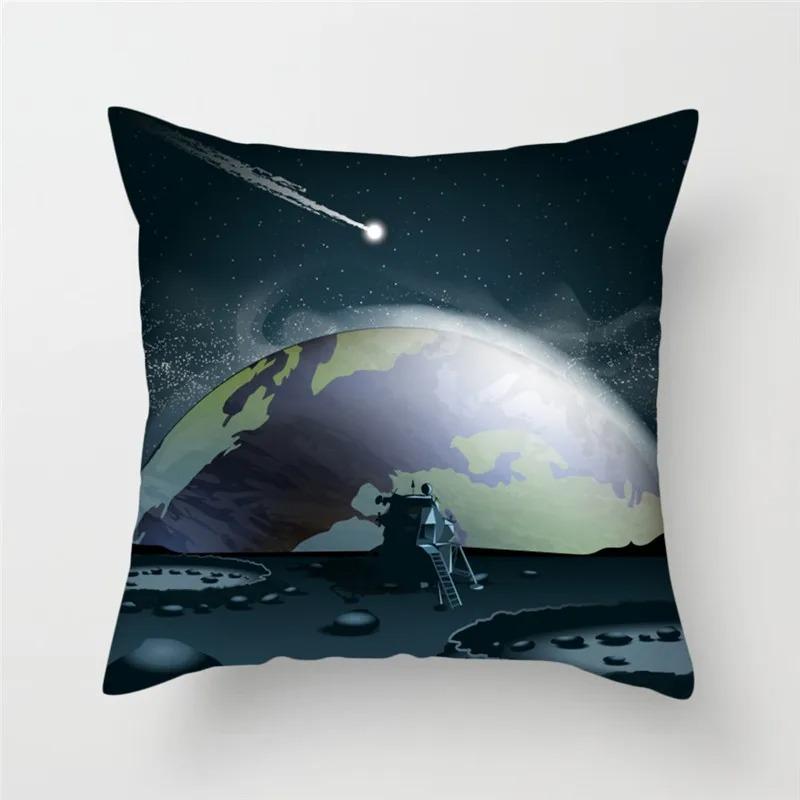 Cartoon Astronaut & Rakete Raumschiff Kissenbezug Deko Weltraum-Thema Kissenhülle für Sofa Schlafzimmer, Galaxie-Druck Kissenbezug