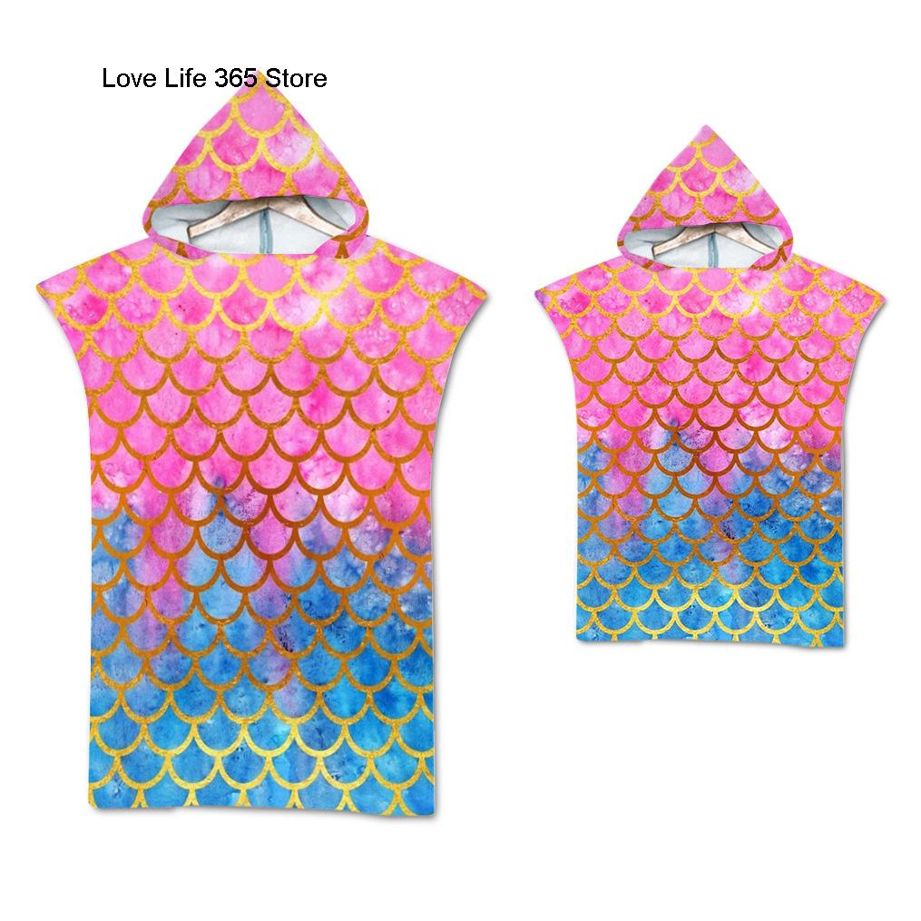 Rainbow Scale Microfiber Beach Towel Quick Dry Hooded Cloak Wetsuit Towels Adult Kids Parent-Child Poncho Bathrobe for Swim Surf