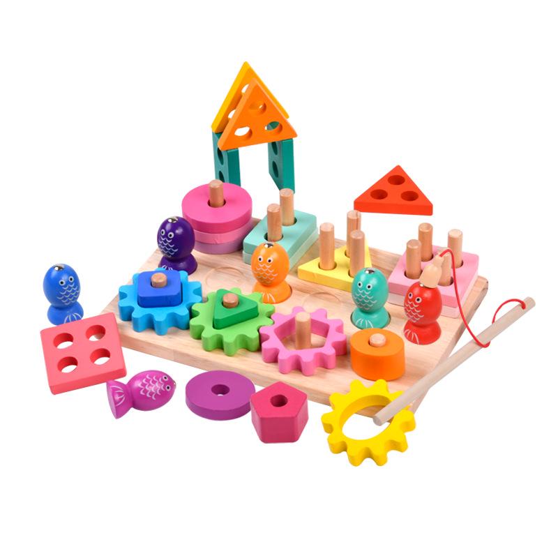 Wooden Geometric Shape Matching Board: Educational Toy for Toddlers with Magnetic Fishing, Stacking Rings, and Gears