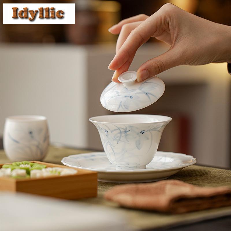 120ml Hand-painted Blue And White Gaiwan Vintage Tea Tureen Household Tea Bowl With Lid Kit Tea Maker Cover Bowl Tableware Gift