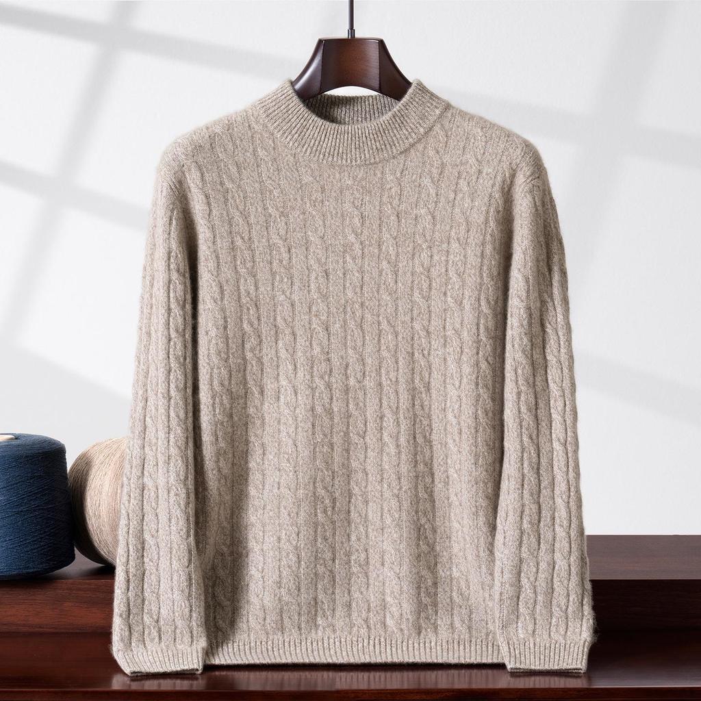 Men's Cashmere Yarn Half-High Collar Cable Knit Loose Casual Sweater - Thick, Warm, Long Sleeve for Winter