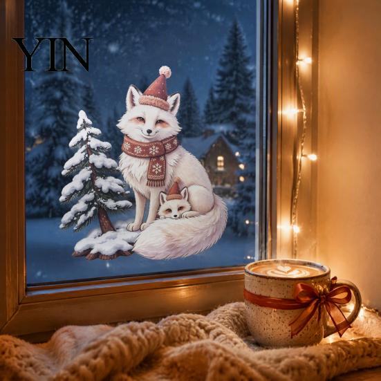 Winter Holiday Decorations Christmas Fox Window Clings, Forest Animal Double-Side Sticker, Decorative Fridge Decals Cute Reusable Static Glass