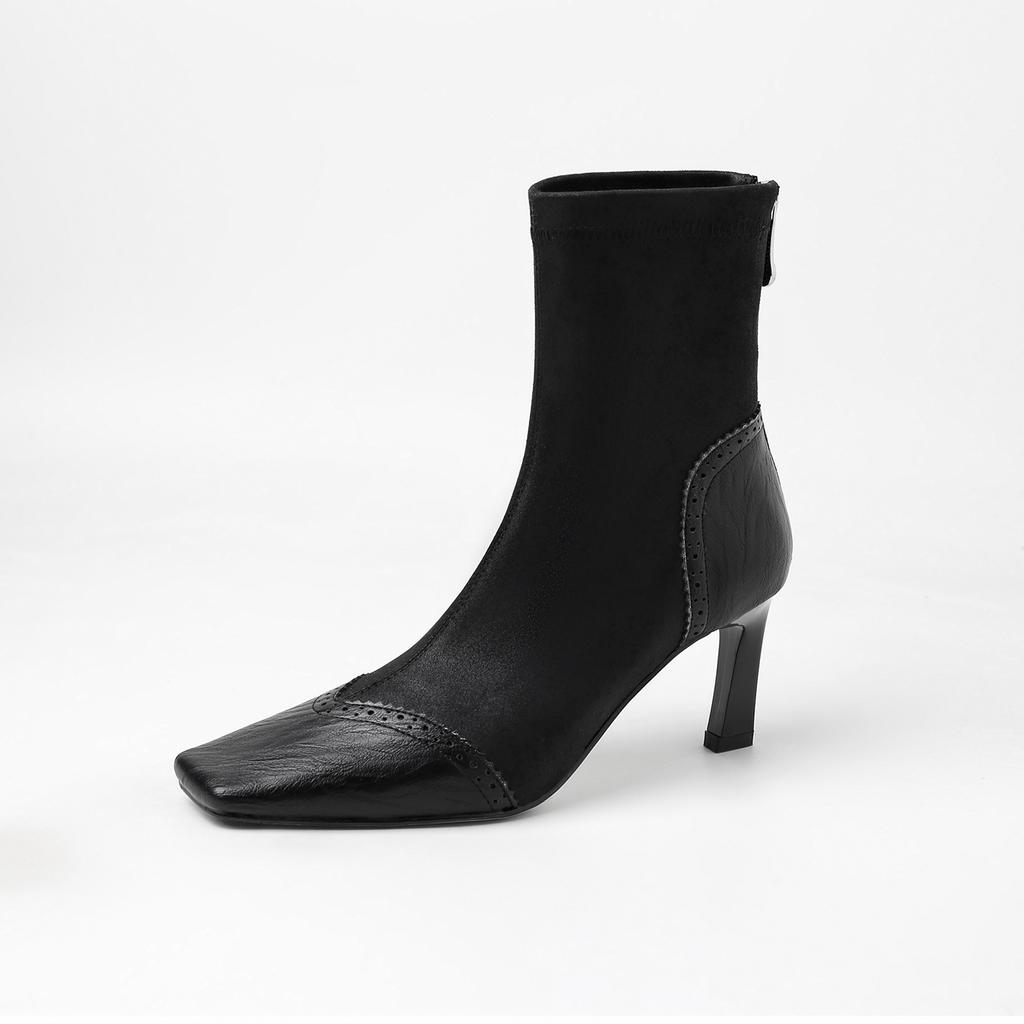 7CM fashionable and foreign style is thin, elastic and thin boots, female celebrity style versatile splicing square head thin heel small short boots, 