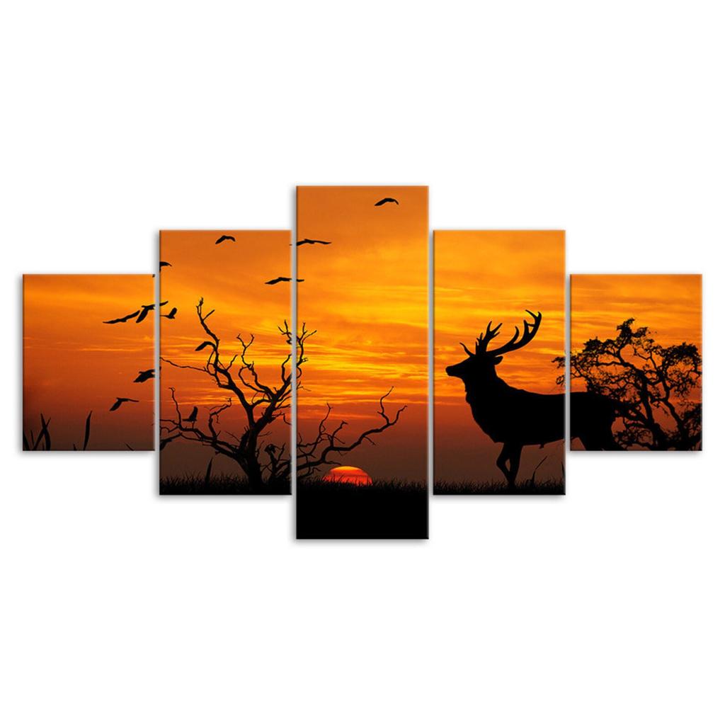 Deer Sunset Silhouette 5 Piece Five Panel Wall Canvas Print Modern Art Poster Picture Home Decor Gift For Him For Her