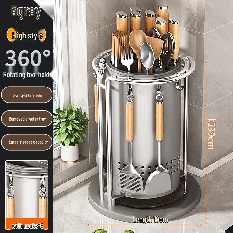 Multifunktionaler Küchenmesser- und Utensilienhalter: Drehbarer Aufbewahrungsständer für Messer, Spatel, Löffel, Essstäbchen und Hackmesser.