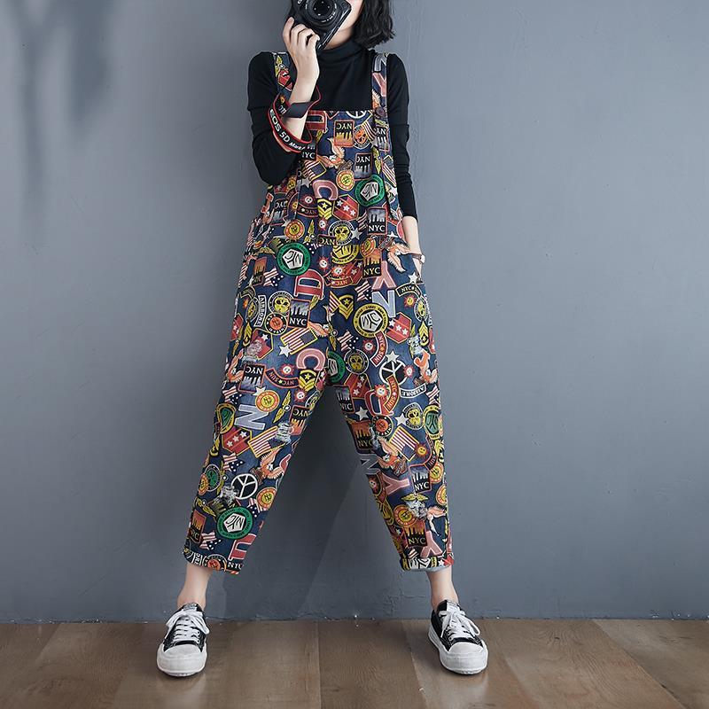 Large Size Summer Dress Printed Denim Overalls Five-point Pants High Waist Thin Loose Thin Women