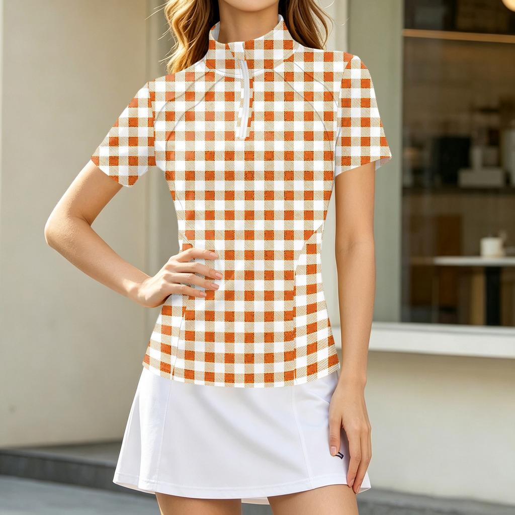 Women's Casual Plaid Short Sleeve Shirt with Zipper Closure, Collar and Side Pockets