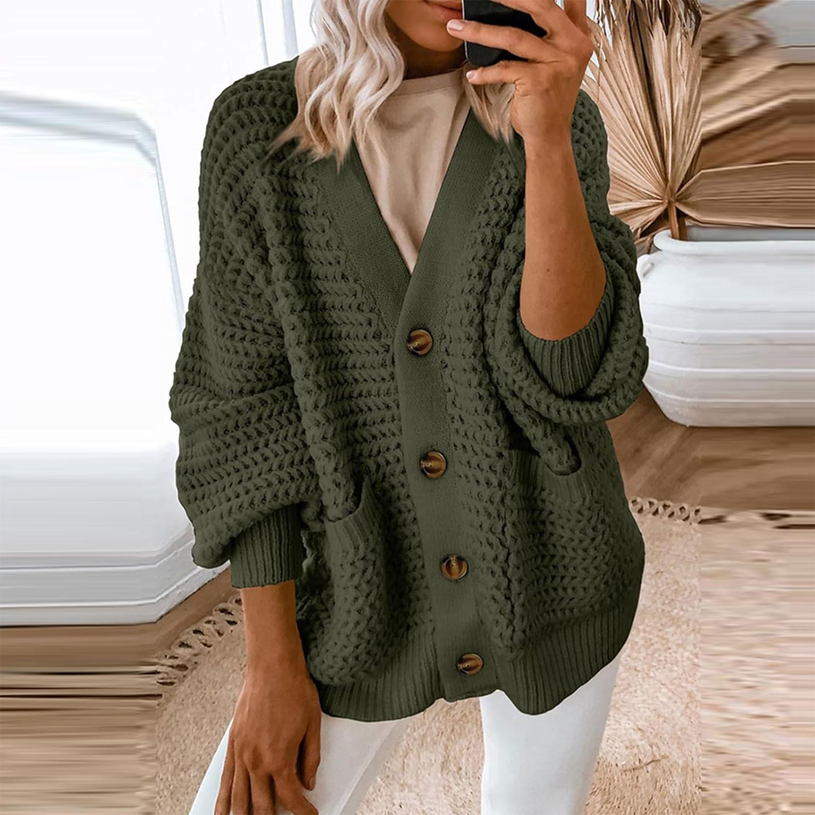 

Женская мода повседневная однотонная с длинным рукавом и открытым передом толстый вязаный кардиган свитер пальто M армия зеленый