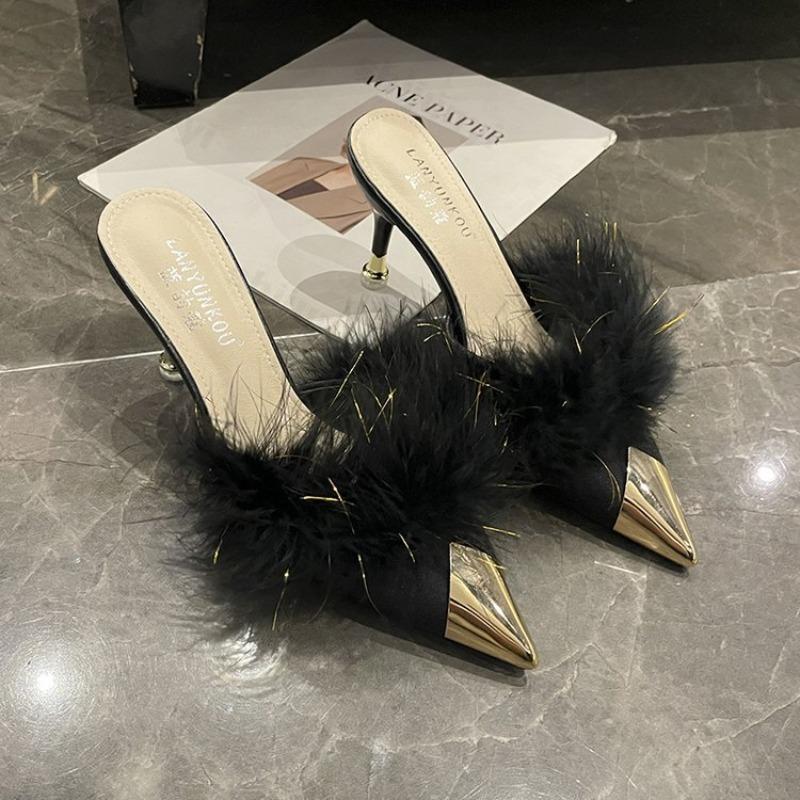 Fashion Fashion Pointed Head Hairy Thin Heel Half Slippers for Women 2025 Autumn Comfortable Versatile Elegant Casual High Heel Draggers