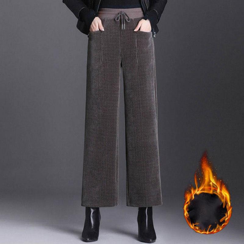 Winter Neue Frauen Einfarbig Mode Elastische Taille Gerade Hosen Frauen High Street Casual Taschen Patchwork Kordelzug Dicke Hose