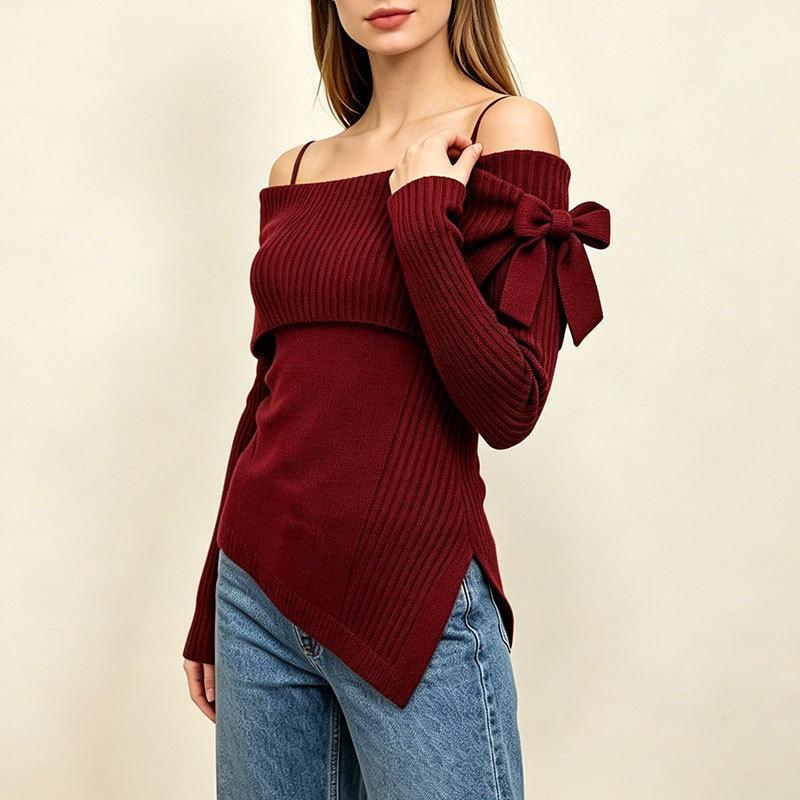 Damen S Langarm Strickpullover Schulterfrei Schleife Figurbetont Herbst Winter