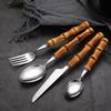 Set de tacâmuri cu mâner din bambus natural, veselă din oțel inoxidabil, tacâmuri de bucătărie, include furculițe, linguri, cuțite și veselă