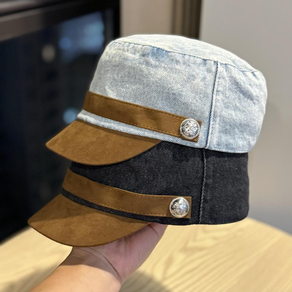Korean-style color-blocked suede flat-top cowboy hat for women, spring/summer retro octagonal hat that makes the face look smaller, casual