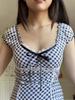 Sladké Cool Kostkované Čtvercový Výstřih Krajka Mašlička Tričko – Úzký Střih, Krátký Rukáv, Černobílé – Horký Dívčí Jarní/Letní Styl