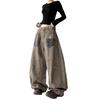 Women's Autumn Post-Apocalyptic Style Wide Leg Jeans - Dirty Dyed Print, Loose Curved Leg, Floor-Length Jazz Pants