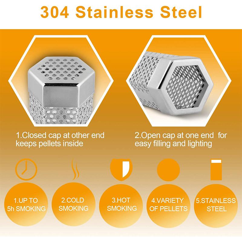 LMETJMA Tub Afumător Hexagonal cu Peleți 12 inch Oțel Inoxidabil BBQ Tub Afumător cu Peleți de Lemn pentru Afumare Rece/Caldă 5 Ore JT185