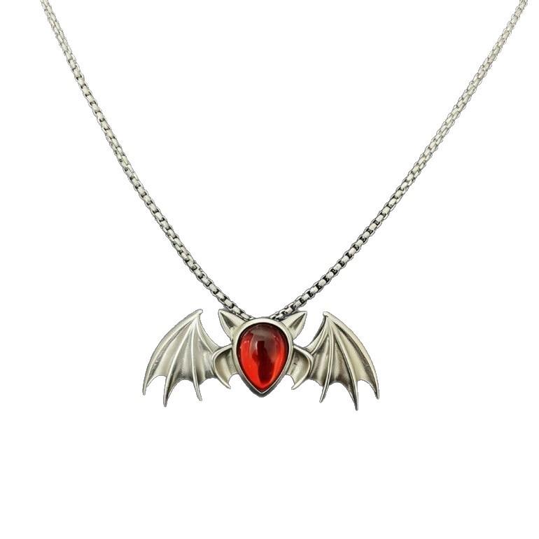Gothic Vampire Bat Pendant Necklace with Red Accents