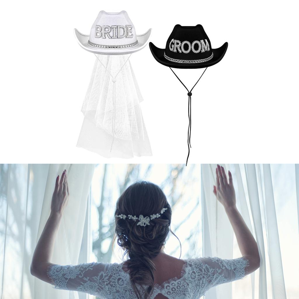 Bride Veil Hat with Hand Beading Blingbling Crystal Cowgirl Hat Beaded Heavy Cowgirl Hat for Bachelorette Party