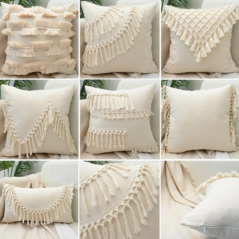 Soft Cotton-ramie Pillow Covers, European Style With Tassels Cushion Cover Shell for Sofa Bedroom Cream Beige Stylish